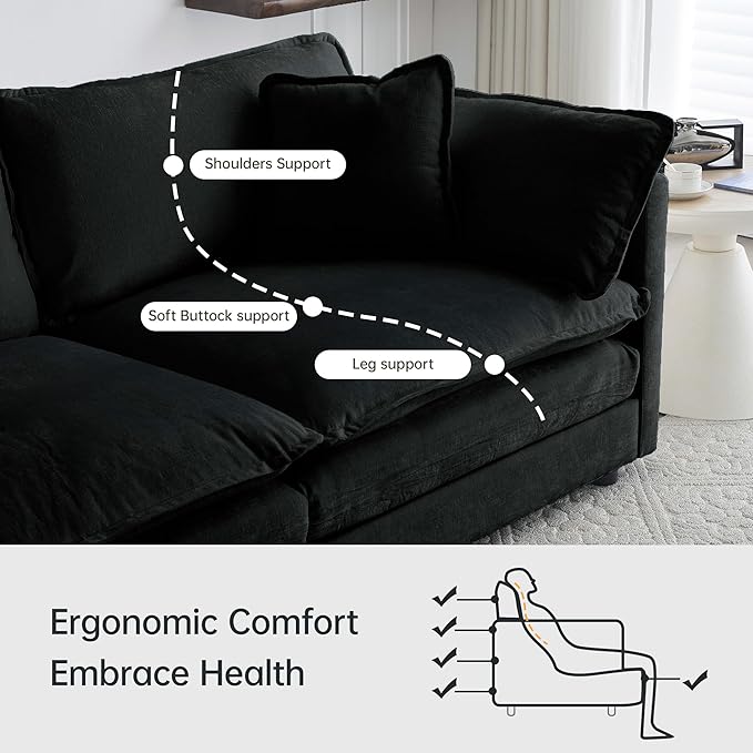 Modular Sectional Sofa, 111.5 Inch I-Shaped Cloud Sofa with Deep Seat Chenille Sofa with Cushions, Three-Self Sectional Sofa for Living Room Apartment,Black