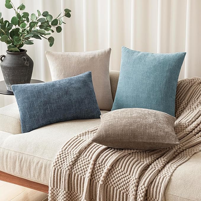 Foindtower Pack of 2 Textured Chenille Throw Decorative Pillow Covers Square Accent Solid Cushion Cover Neutral Farmhouse Pillow Case for Couch Sofa Bedroom Living Room 24x24 Inch,Light Blue