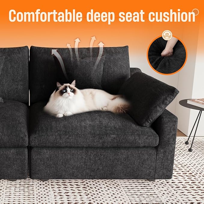 Modular Cloud Sofa, 192" Cloud Sectional Couches with Deep Seat,Down Filled Linen U-Shape 8-Seater Couch with Ottoman for Living Room, Washable Cover, Wide Armrest in Black