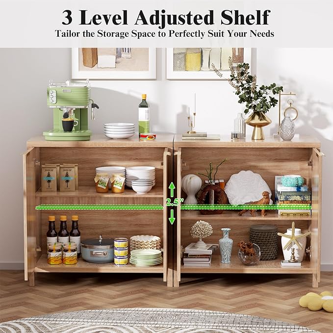 Sideboard Buffet Cabinet Set of 3, 31" Storage Cabinet with 2 Doors and Adjustable Shelves, Sideboard Console for Dinning Room, Kitchen and Living Room - Oak