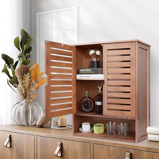 HYNAWIN Bamboo Wall Cabinet, Over Toilet Bathroom Furniture, Wall Mounted Storage Medicine Cabinet with Two Doors & Adjustable Shelves, for Bathroom, Kitchen, Living Room, Walnut, Dark Brown