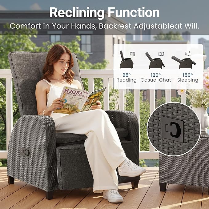Green4ever Outdoor Patio Recliner with Independently Adjustable Backrest and Footrest, All-Weather Wicker Patio Chair, 160° Lay Flat Patio Reclining Lounge Chair for Backyard Garden, Grey