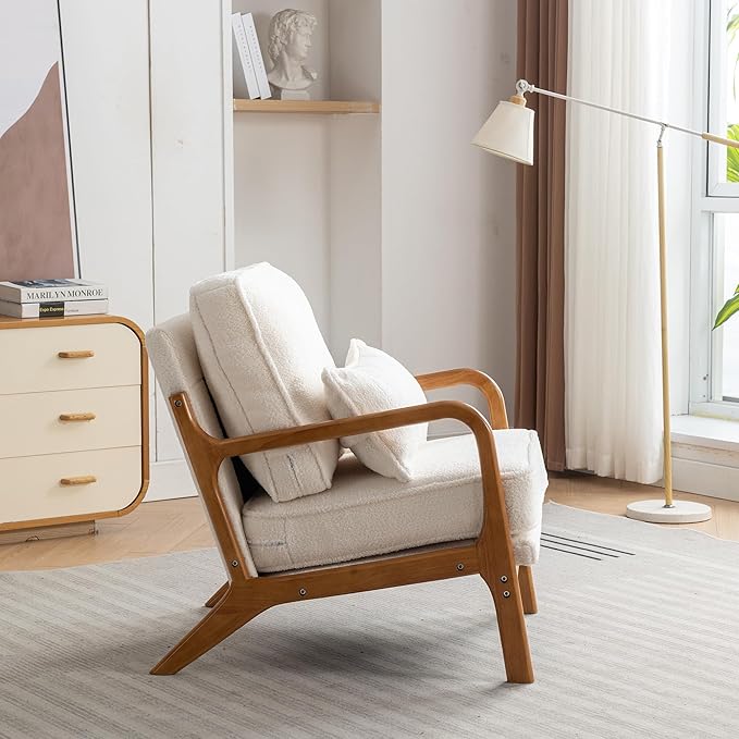 Mid-Century Accent Chair Set of 2,Sherpa Fabric Lounge Chair with Wide Armrest,Sherpa Fabric Armchair with Lumbar Pillow & Solid Wood Frame for Living Room, Bedroom, Balcony(White)