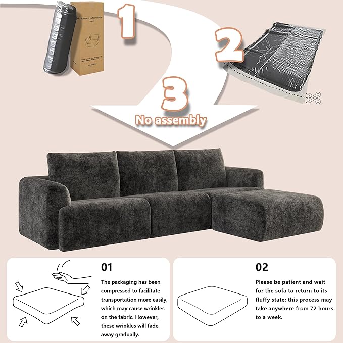 EASE MOOSE Oversized Sectional Cloud Couch, 9-Seat Modular Boneless Sofa Set with Deep Seat, No-Assembly Chenille Sofa for Living Room, Dark Grey