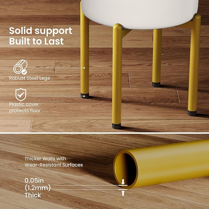 18-Inch Leather Vanity Stool Chair with Storage, Vanity Bench with 4 Golden Metal Legs & Anti-Slip Adjustable Feet,Round Storage Ottoman Stool with Removable Soft Padded Seat, White