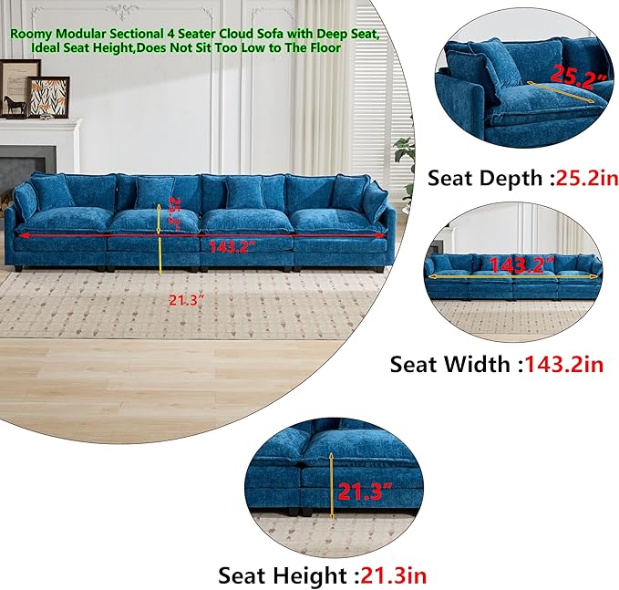 Aoowow Modular Sectional 4 Seater Cloud Sofa Couch for Living Room,149.6" Cloud Sofas with Deep Seat,Modern Chenille 4 Seat Sofas,Fluffy Cloud Couches for Bedroom,Office,Hotel (Blue, 4 Seater)
