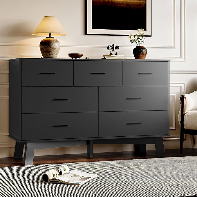 Dresser for Bedroom with 7-Drawer, 47.2" Wide Modern Chest of Drawers with Metal Handles, X-Shape Base & Adjustable Center Leg, Anti-Tip Closet Organizers and Storage