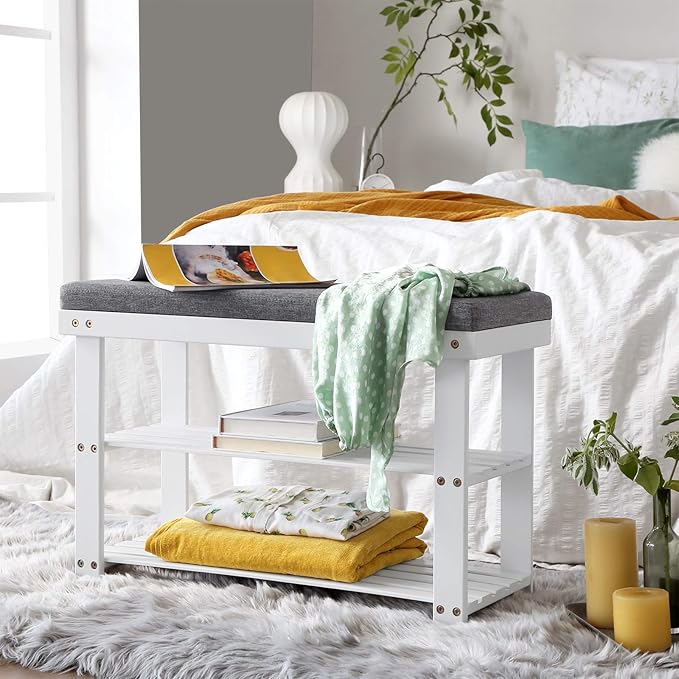 SONGMICS Bamboo Shoe Bench, 3-Tier Shoe Rack Organizer for Entryway, Living Room, Bench Seat Holds Up to 300 lb, 11.9 x 28.3 x 19.2 Inches, Cloud White and Slate Gray ULBS604W01