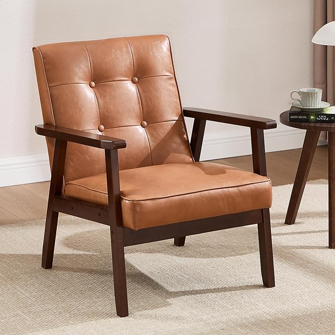 ANJ Mid Century Modern Accent Chair Set of 2 for Living Room, Tufted Faux Leather Armchair, Comfy Retro Bedroom Side Chair with Dark Wood Frame, Orange Brown