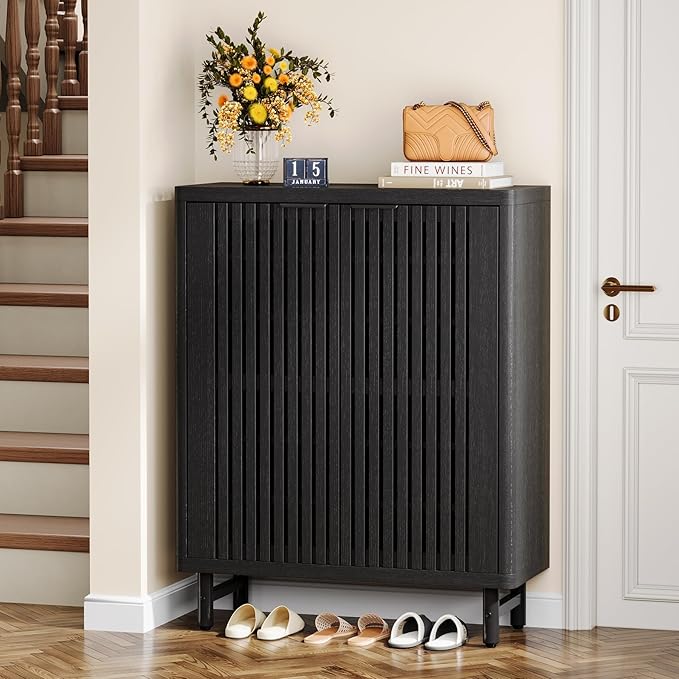 Tribesigns Shoe Cabinet with Shutter Doors, 6-Tier Entryway Shoe Cabinet with Adjustable Shelves, Wooden Modern Rack Organizer for Entryway, Hallway, Closet, Living Room, Black