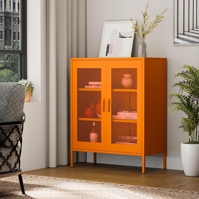 Orange Metal Storage Cabinet with Mesh Doors, Small Office Cabinet with 2 Adjustable Shelves, Accent Metal Locker Storage Cabinet for Home, Office, Living Room, Hallway