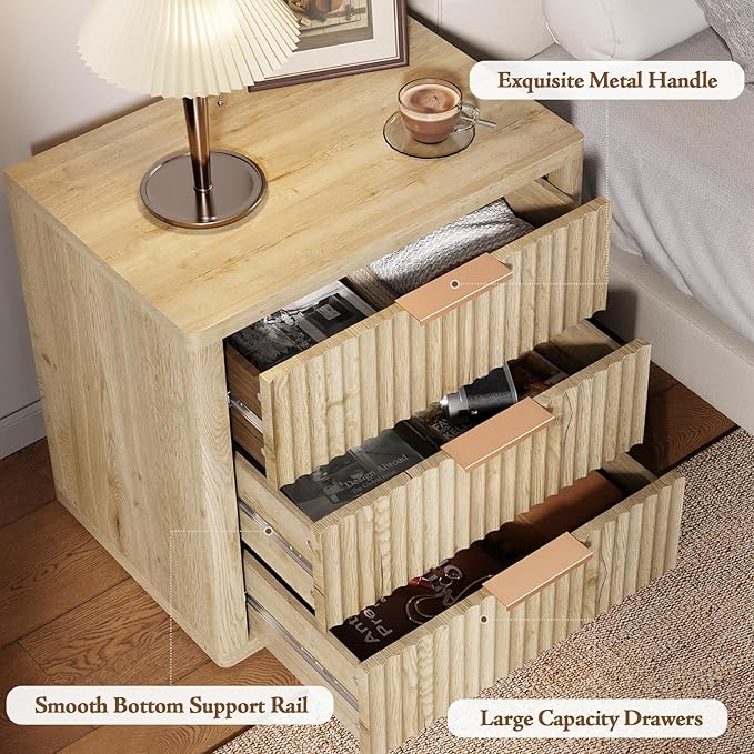 Night Stand with 3 Drawers, 23" Wide Modern Bedside Table with Large Storage, Fluted Bed Side End Table with Metal Handle, Tall Nightstand for Bedroom, Living Room, Office, Nature, Set of 2