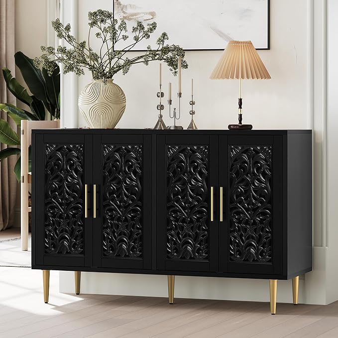 ARTPOWER 47.8" Accent Cabinet with 4 Doors, Vintage Hollow Carving Buffet Cabinet, Sideboards and Buffets with Storage, Credenza for Living Room, Kitchen, Dining Room, Entryway, Hallway, Black