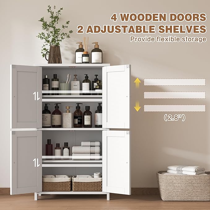 Nuturelly Bathroom Floor Storage Cabinet, Bathroom Organizers and Storage with Top Board & Metal Handles for Kitchen, White