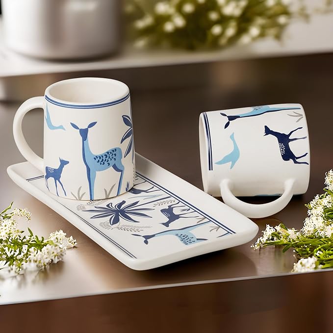 Ceramic Coffee Mugs with Handle Set – 2-Piece 11 Oz Ceramic Coffee Cups & 9" Tray, Handmade White Color, Microwave Safe Gift Set for Tea Lovers, Home Kitchen Décor