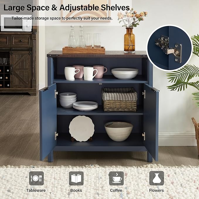 Buffet Cabinet with Storage - Modern Farmhouse Rustic 32 Fluted Sideboard Storage Cabinet Buffet with Adjustable Shelves, Coffee Wine Bar Organizer for Dining Room (Navy Blue)