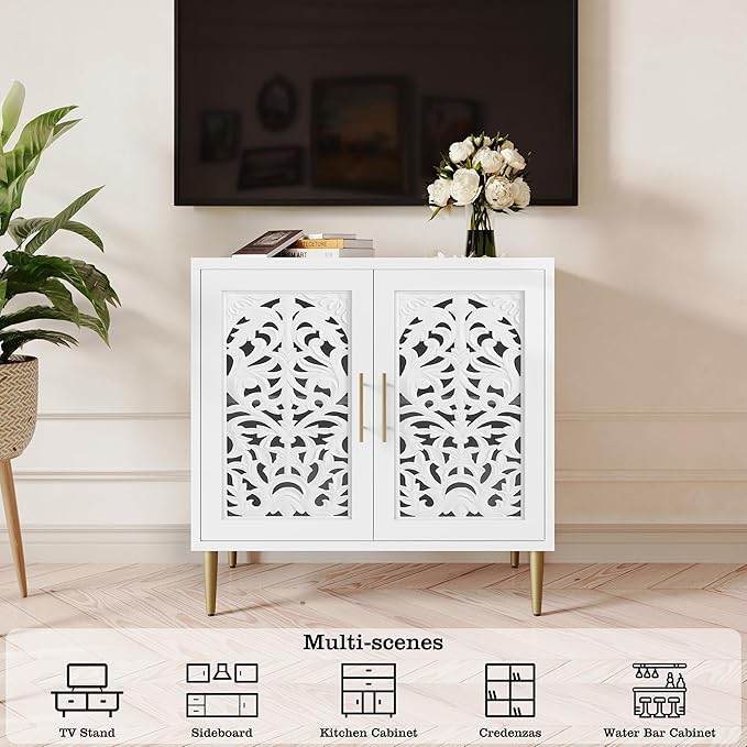 ARTPOWER Accent Cabinet with 2 Doors, Vintage Hollow Carving Buffet Cabinet, Sideboards and Buffets with Storage, Credenza for Living Room, Kitchen, Dining Room, Entryway, Hallway, White