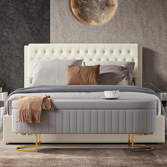 EcoHarbor Living 55.5" Storage Bench Ottoman End of Bed Bench Bedroom Bench, Upholstered Velvet Long Window Bench Large King Size with Gold Legs, Flipping Lid Entryway Footrest (Light Grey)
