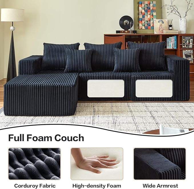 Modular Sectional Sofa, 101" Boneless Couch Sectional, Deep Seat L Shaped Sofa, All-Foam Filled Cloud Couch for Living Room (Black, Corduroy)
