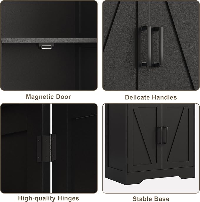 Treocho Bathroom Floor Cabinet, Farmhouse Bathroom Storage Cabinet with Doors and Adjustable Shelves, Freestanding Kitchen Pantry Cabinet, Cupboard for Living Room, Dining Room, Black