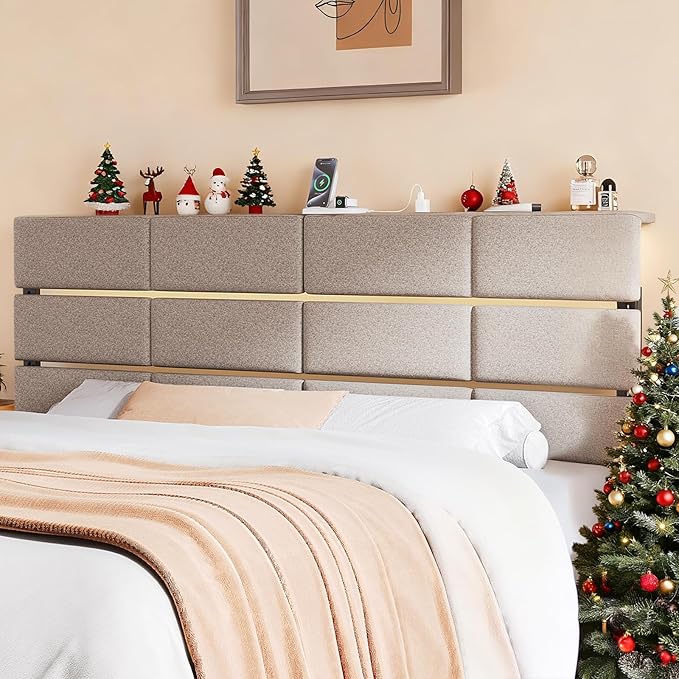 Full/Queen Size Upholstered Headboard, Adjustable Head boards with LED Light & Charging Station, Bed Headboard Only, Attach Frame, Study & Comfortable, Ideal for Bedroom, Dorm, Guest Room, Beige