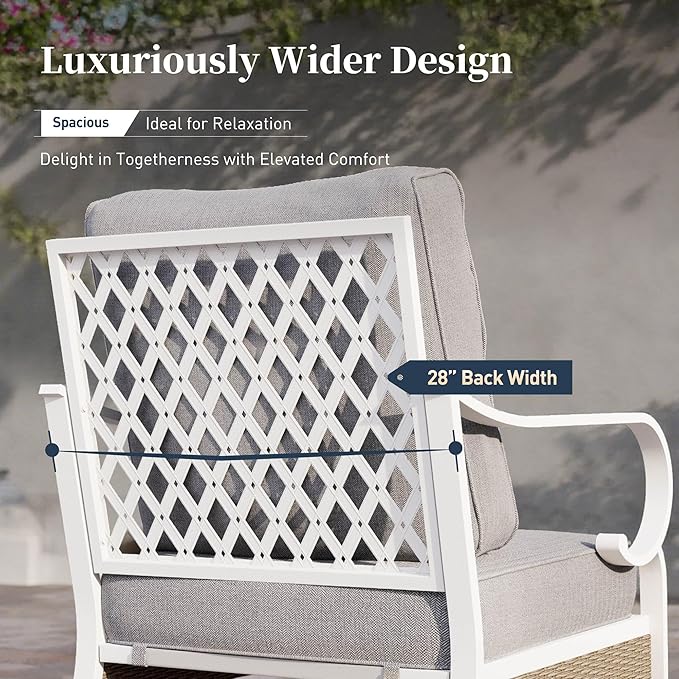 6 Piece Metal Outdoor Patio Furniture Set, Patio Conversation Set with 1 3-Seater Couch, 2 Fixed Sofa with 5.75" Thick Cushion and Coffee Table, White and Gray Backyard Furniture