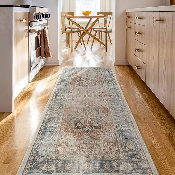 RUGGABLE Washable Vintage Area Rug – Kamran Coral 8 ft Round, Stain-Resistant, Non-Slip – Large Machine Washable Rugs for Living Room, Bedroom, Hallway, Entryway & Office–with Standard Pad