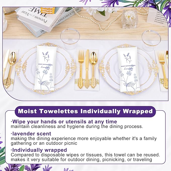Moist Cotton Towel Bulk Moist Towelettes Individually Wrapped,White Towel Services,Refreshment Pre Moistened Towels for Dentist Travel Sport Party Hotel 50，Lavender