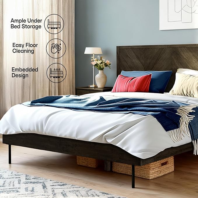 Acacia Alander Bed Frame Queen Size with High Headboard Solid Wood Platform Bed, Tall Headboard Natural Wood Bed Compatible with All Mattresses, Quick & Easy Assembly, No Box Spring Needed, Mocha