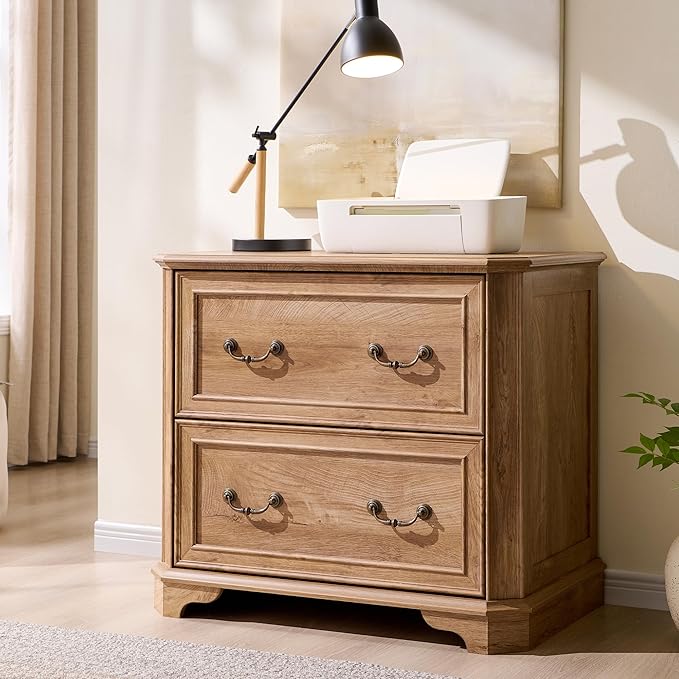 T4TREAM 34" Farmhouse Lateral File Cabinet for Home Office, Large 2-Drawer Wood Filing Cabinet w/Smooth Rails, Fits Letter/Legal Files, Storage Cabinet w/Framed Drawer Front Design, Light Knotty Oak