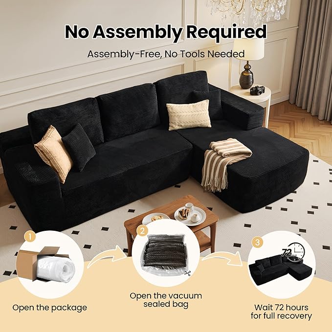 104" Cloud Sectional Couch with Chaise, Boneless L-Shaped Cloud Couch with Deep Seat, Corduroy Modern Minimalist Sofa, Assembly Free Comfy Sofa for Office Living Room Apartment(Black, Right Chaise)