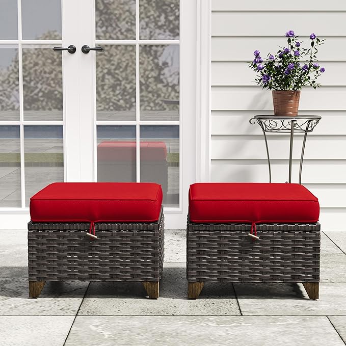 2 Pieces Patio Outdoor Ottomans with Removable and Washable Covers，PE Rattan Wicker Footstools for Porch, Garden, Sunroom (Red)