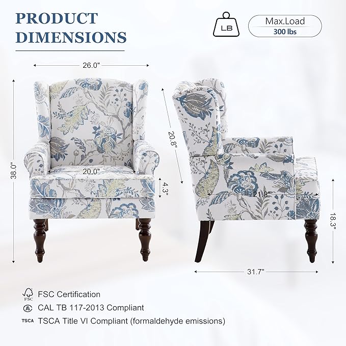 HUIMO Living Room Chair Upholstered High Back Armchair Retro Printed Wingback Chair in Linen for Bedroom & Study Comfy Accent Sofa Chair Reading Chair Holds 300lbs (Navy Blue) (2, Blue Floral-2PCS)