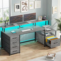 SEDETA Home Office Desk with File Drawer & Power Outlet, 66'' Computer Desk with 5 Drawer, Storage Shelves, Printer Cabinet and Monitor Shelf, Gaming Desk with Led Lights, Grey
