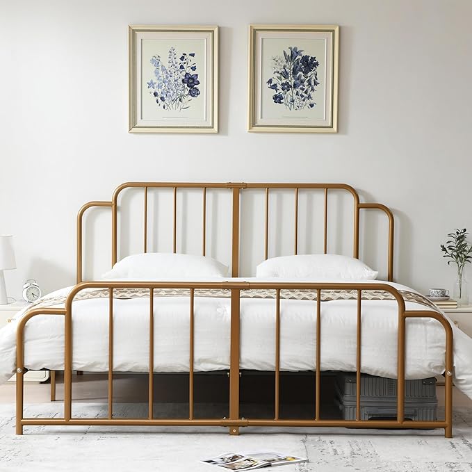 PINJU Metal Platform Bed Frame with Headboard and Footboard, Classic Style, Sturdy Metal Slats, No Box Spring Needed, Easy Installation (Gold, King)