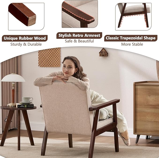 ANJ Mid Century Modern Accent Chairs Set of 2, Tufted Fabric Armchair with Solid Wood Frame, Comfy Retro Side Chair Reading Chair for Living Room, Bedroom，Beige