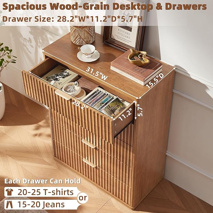 LEYAOYAO Fluted 5 Drawers Dresser for Bedroom, 41" Tall Modern Chest of Drawers with Metal Handle, Curved Profile Farmhouse Closet Organizer Wood Dressers TV Stand for Living Room, Hallway, Navy Blue