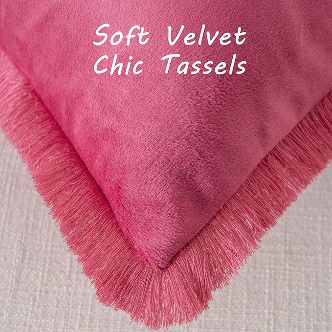 FUTEI Hot Pink Velvet Decorative Throw Pillow Covers 20x20 Set of 2,Soft Cozy Edge with Tassels Cushion Case,Boho Modern Home Decor for Couch Bed Living Room