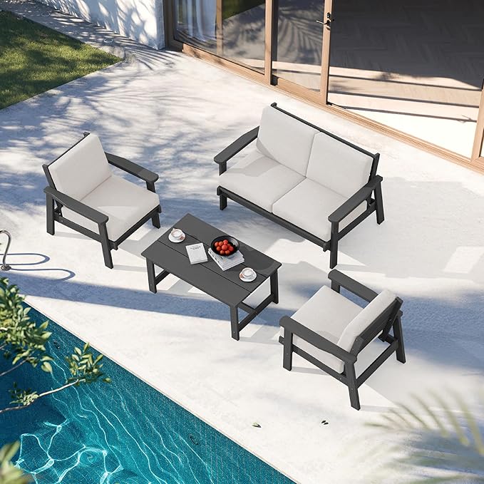 SERWALL HDPE Outdoor Furniture Set 4, All Weather Wood-Like Outdoor Sofa Sectional Couch, Grey Patio Furniture Set with Khaki Cushions