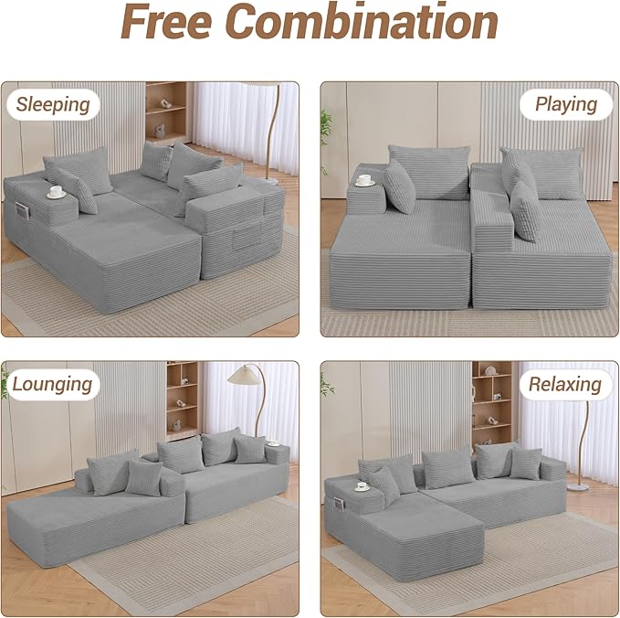 105" Cloud Sectional Couch, Modular Sectional Sofa with L-Shape Chaise, Corduroy Boneless Couches for Living Room, No Assembly, Grey