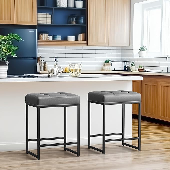 Yaheetech Bar Stools Set of 2, 24 Inch Counter Height Bar Stools Set, Backless Kitchen Island Stools, Faux Leather Stools for Kitchen Counter, Grey