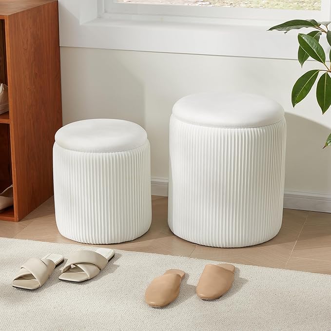 Royal Windsor Round Ottoman with Storage Set of 2,Vanity Stool with Storage for Bedroom, Ottoman Coffee Table,Small Velvet Foot Stool for Living Room, White