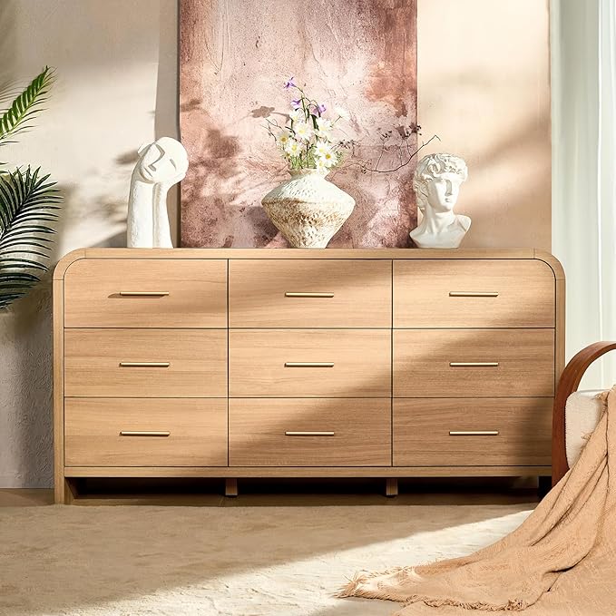 Curved 9-Drawer Dresser for Bedroom, 63" Wide Modern Chest of Drawers, Vanity Desk TV Stand for Living Room, Closet Storage Drawers Organizer Furniture, Nursery, Hallway, Oak