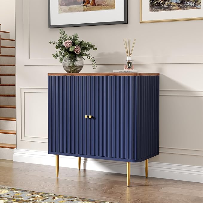 HLR Sideboard Buffet Cabinet with Fluted Texture, Blue Accent Cabinet with 2 Doors, Modern Credenza Storage for Kitchen Living Room, Entryway (Blue, 1 Piece)
