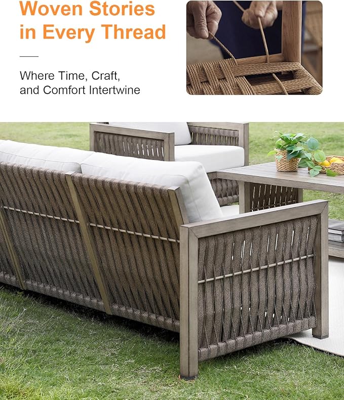 3 Seats Outdoor Sofa, Aluminum Patio Sofas with Washable Cushions, 3-Seater Rope Weave Outside Patio Couch, Deep Seating Outdoor Sofa Furniture for Garden, Decks, Porch, Balcony, Gray Oak