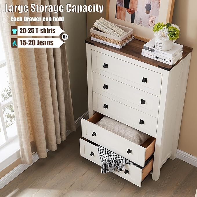 T4TREAM Farmhouse 5 Drawers Dresser Chests for Bedroom, Wood Rustic Tall Chest of Drawers, Dressers Organizer for Bedroom, Living Room, Hallway, Antique White