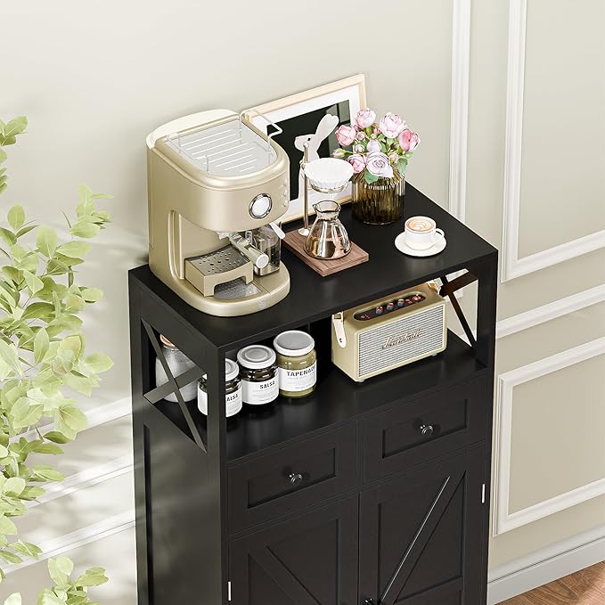 SUPER DEAL Farmhouse Storage Cabinet, Bathroom Floor Cabinet Kitchen Pantry with Doors and Drawers, Hutch Cupboard for Living Room, Bedroom, Laundry, Black