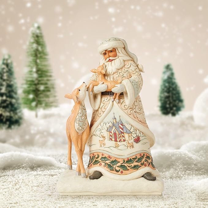 Enesco Jim Shore Heartwood Creek White Woodland Santa Holding a Fawn Figurine- Stone Resin Hand Painted Crafted Collectible Santa Figurines Christmas Home Decor Statue, 10.63 Inch