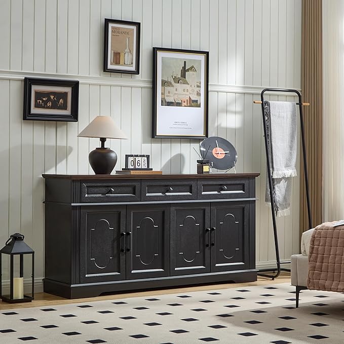 63" Black Buffet Sideboard Cabinet with 4 Doors and 3 Drawers, Modern Farmhouse Kitchen Storage Cabinet, Coffee Bar Cabinet with Adjustable Shelves, Kitchen Living Room Storage, Dining Room