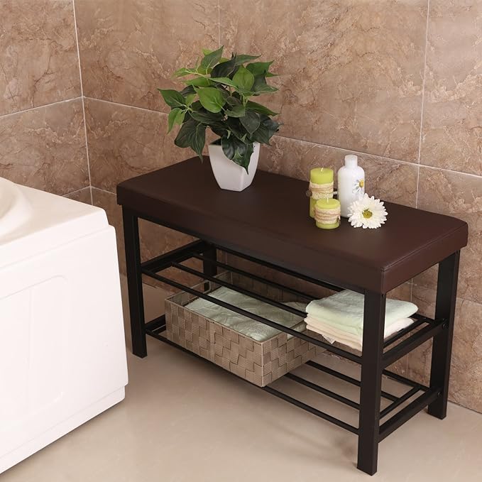 SONGMICS Shoe Bench, 3-Tier Shoe Rack for Entryway, Storage Organizer with Foam Padded Seat, Faux Leather, Metal Frame, for Living Room, Hallway, 12.2 x 31.9 x 19.3 Inches, Brown ULBS58Z